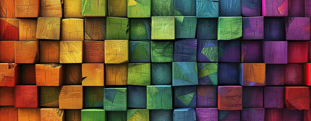 Geometric wood panel design colorful cubes in lgbt color scheme. Generated AI.