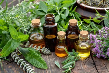 Fototapeta na wymiar Essential oils in glass bottles and fresh herbs on a wooden table.