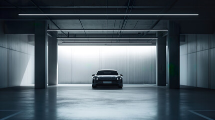 A car is parked neatly between the white lines in a dimly lit parking garage