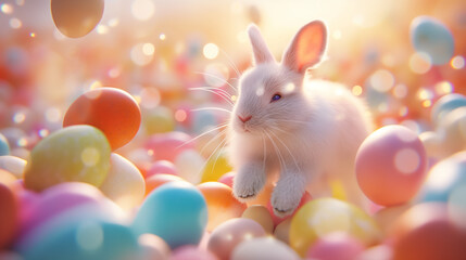 Fototapeta na wymiar Cute bunny jumping around easter eggs. Concept of happy easter day. space for text