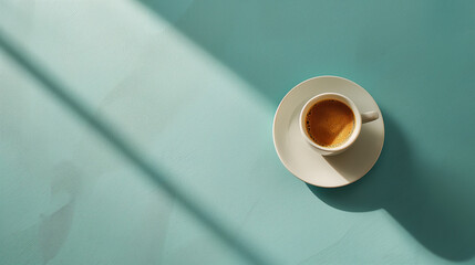 A ceramic cup filled with coffee is placed neatly on top of green table