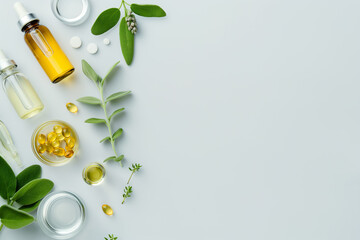 Bottles of Essential Oils and Herbs on a White Background