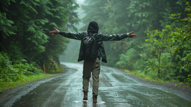 person walking down a wet road with arms outstretched