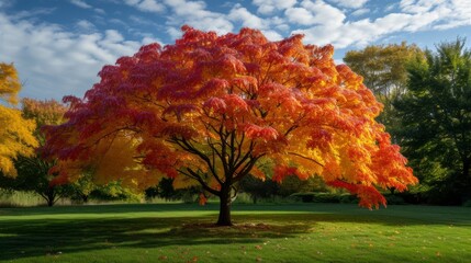 Illustration of a fantastic magic autumn big tree with deep strong roots and large crowns	
