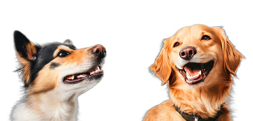 Two happy dogs, a Collie mix and a Golden Retriever, in PNG format with transparent backgrounds for a warm pet theme.