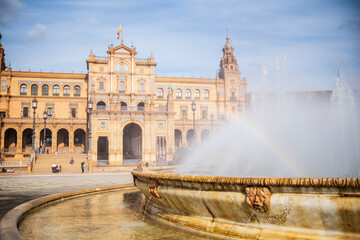 view of Plaza de Espana with fountain, Seville, Spain
