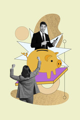 Creative retro 3d magazine collage image of excited lucky workers successfully increasing income isolated beige color background