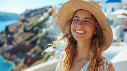 Happy Tourist Woman in Santorini Island Greece