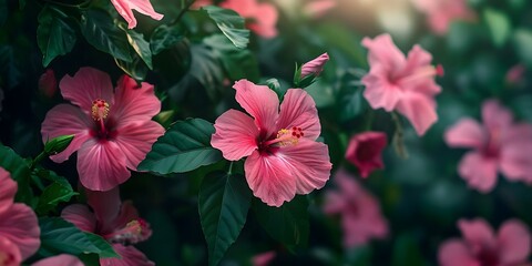 Blooming magenta hibiscus flowers on lush green bush in a vibrant summer garden. Concept Gardening, Flowers, Summer, Landscape, Colorful