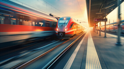 Fototapeta na wymiar Blurred motion of a high-speed train at sunset, transportation future.