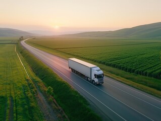 A semi-truck cruises along a curvy highway amidst lush green fields under the warm glow of sunrise, showcasing the beauty of logistics in motion.