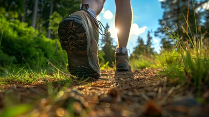 Tissu par mètre Route en forêt Hiker's boots on a forest trail illuminated by setting sun.