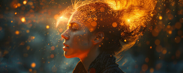the woman is moving around with her head lit up with bright energy - obrazy, fototapety, plakaty
