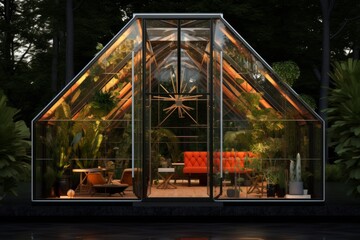 Fototapeta premium modern greenhouse design at night view from outside with lights on and glass walls
