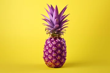Foto op Canvas ananas bien mûr et jaune recevant une lumière violette sur lui, sur fond jaune avec espace négatif pour texte, copyspace © Noble Nature