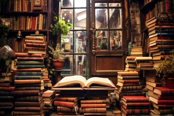 open book closeup at vintage beautiful bookstore. Reading hobby and literature passion