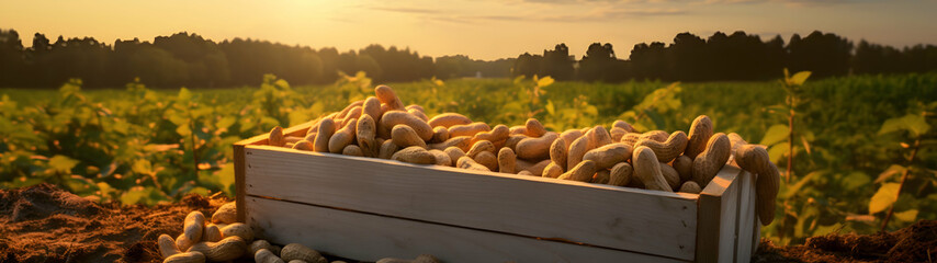 Fototapeta na wymiar Peanuts harvested in a wooden box in a plantation with sunset. Natural organic fruit abundance. Agriculture, healthy and natural food concept. Horizontal composition, banner.