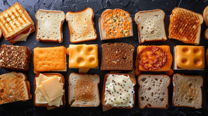 assortment of various hot, cheesy, grilled cheese sandwiches - obrazy, fototapety, plakaty
