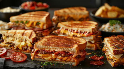 assortment of various hot, cheesy, grilled cheese sandwiches - obrazy, fototapety, plakaty