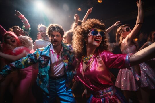 diverse people dancing at 80s style party with confetti having fun and enjoying life. Nightlife and clubbing. 