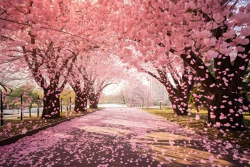 Spring background with cherry blossom petals falling from trees alley in bloom