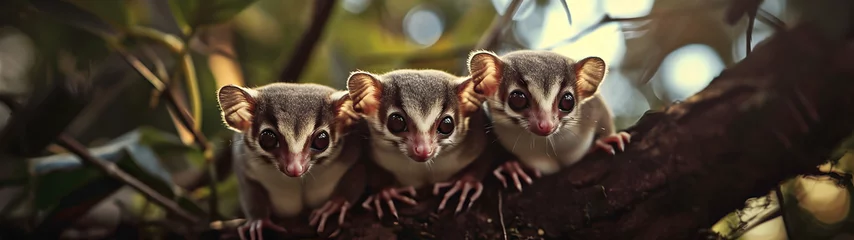 Fotobehang Sugar gliders in the forest with setting sun shining. Group of wild animals in nature. Horizontal, banner. © linda_vostrovska