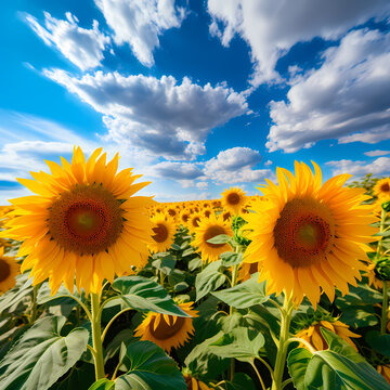 A sunflower field under a bright blue sky.