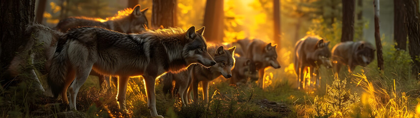Wolf family in the forest with sunset. Group of wild animals in nature. Horizontal, banner.