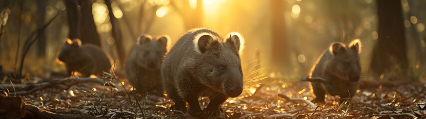 Wombat family in the forest with setting sun shining. Group of wild animals in nature. Horizontal,...