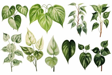 green pothos plant leaves  botanical illustration. easy plants to grow - houseplants hobby. Epipremnum aureum. - obrazy, fototapety, plakaty