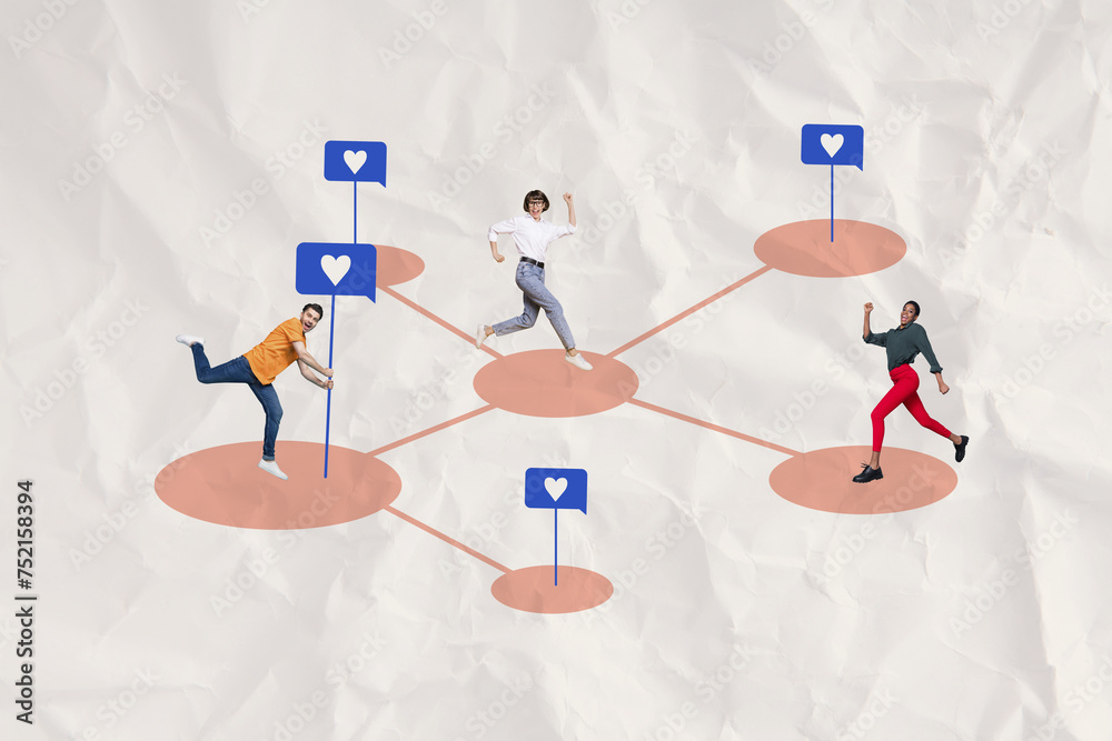 Poster Creative 3d photo artwork graphics collage of happy smiling people communicating social network net isolated beige color background