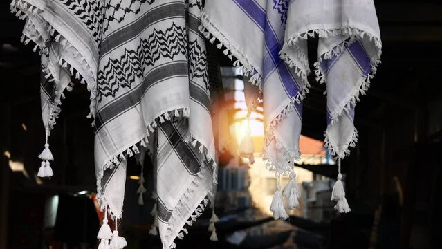 Keffiyeh arab headdress and symbol of Palestinian resistance in Jerusalem market.