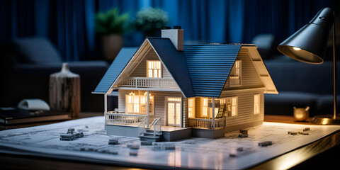 Model of house building standing on architectural project. Blueprint designs and a home model for a construction project background. - obrazy, fototapety, plakaty