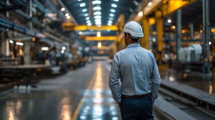 Confident engineer with hardhat inside industrial facility