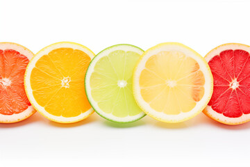 fines rondelles en ligne, de différents agrumes de couleurs différentes, orange sanguine, orange, citron vert, citron, pamplemousse. sur fond blanc