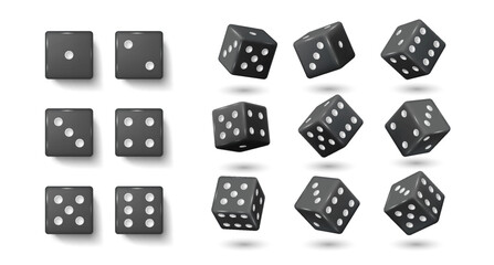 Black gambling dices realistic vector illustration set. Cubes with dot numbers on sides 3d elements on white background. Casino game