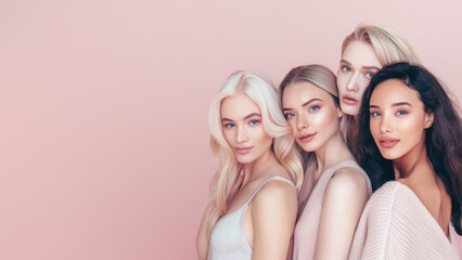 Five multiethnic women with trendy hairstyles and makeup, flaunting contemporary fashion on a pink backdrop