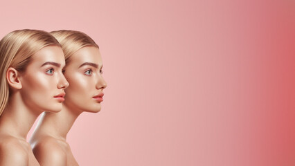 Close-up of two women with matching makeup showing side profiles, reflecting beauty and serenity on a soft pink hue