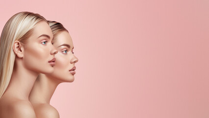 Side view of twin women with sleek hairstyles and beauty makeup against a pink hue, symbolizing perfection and grace