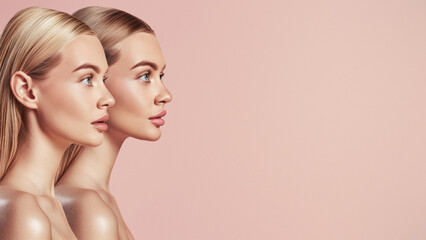 Identical women with a flawless makeup look providing a captivating side profile view against a pastel backdrop