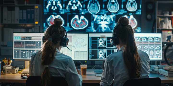 two women are working on computer using mris