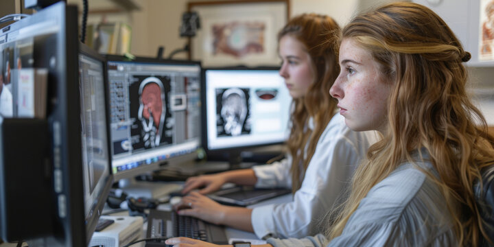 two women are working on computer using mris