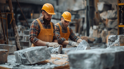 Two stonemasons in safety gear carving stone in a workshop. - obrazy, fototapety, plakaty