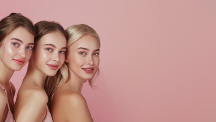 Three stylish women standing in a staggered arrangement with gentle expressions on a pastel pink backdrop