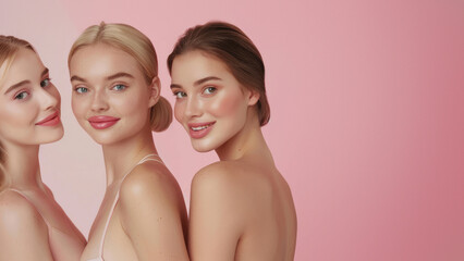 Quartet of young women with soft smiles looking over their shoulders against a pastel pink backdrop