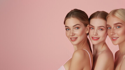 Five young women lined up, turning heads with natural-looking makeup on a gentle pink background