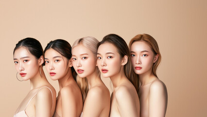 Side view of five Asian women with flawless skin, various hairstyles, on a beige background