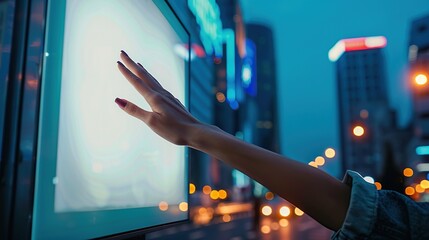 a hand with impeccably manicured nails reaches out to touch the screen of a digital billboard - obrazy, fototapety, plakaty