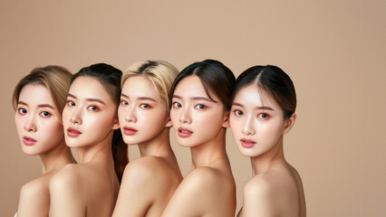Five young Asian women with different hairstyles, looking at camera on a beige background