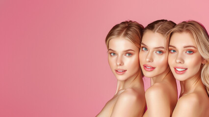 Three young women with bare shoulders and flawless skin are posing against a pink background, showcasing beauty